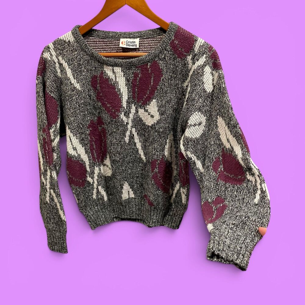 Cute vintage 80s crop heather plum fairy tulips soft marled knit